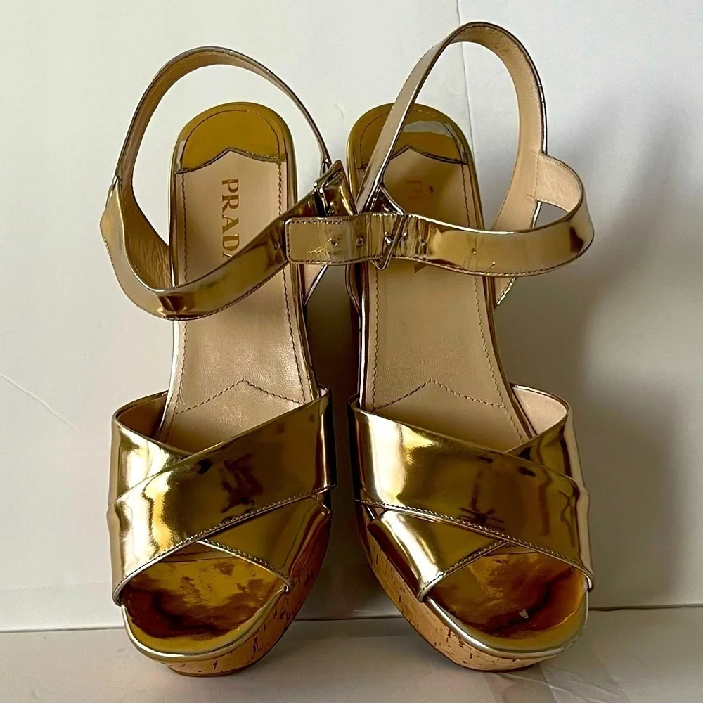 Prada Gold Metallic Cork Wedge Sandals